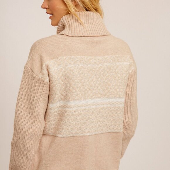 HEM & THREAD Cozy Turtleneck Sweater, Neutral Beige Cream,Textured Knit Pullover - Picture 3 of 6